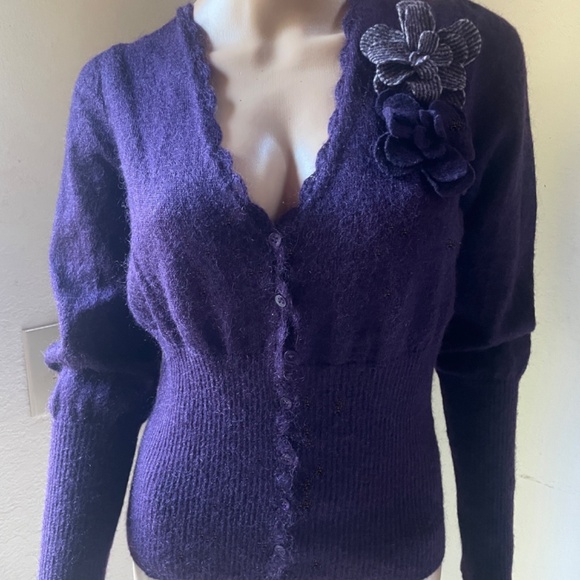 MONSOON UK Abergine V -neck Wool Blend Cardigan SZ 12 - Picture 2 of 7